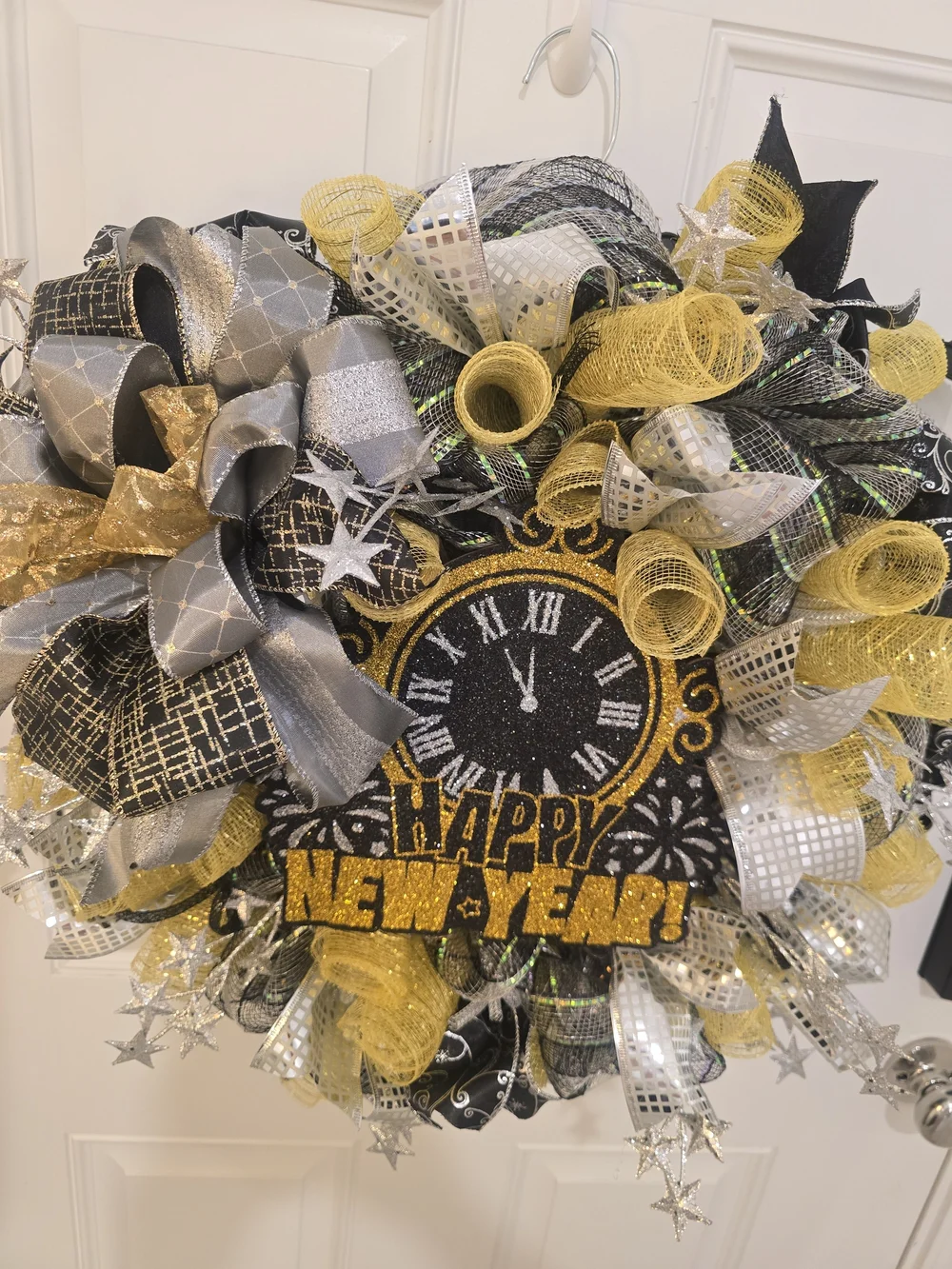 Happy New Year Decorative Wreath with Clock Center - Gold, Silver, Black